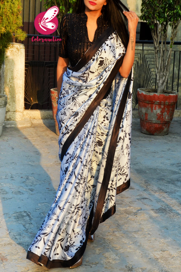 Black &amp; White Printed Satin Black Satin Taping Saree