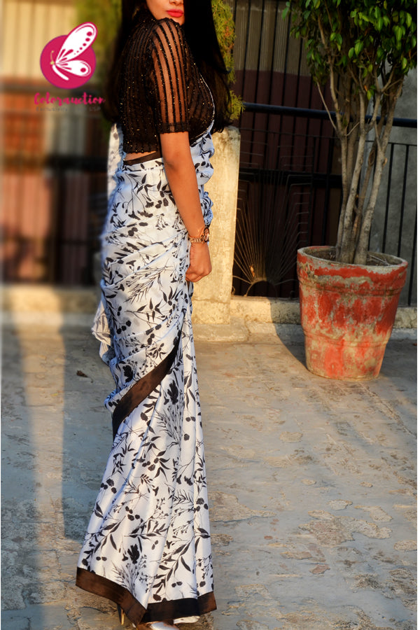 Black &amp; White Printed Satin Black Satin Taping Saree