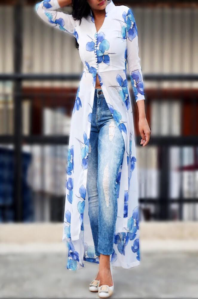 Off White Printed Georgette Kurti