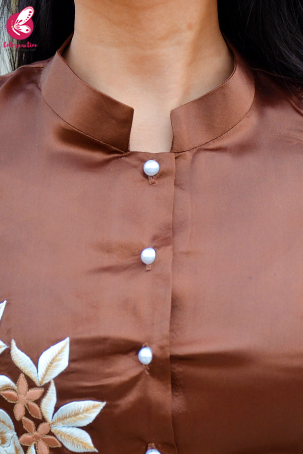 Brown Satin Sleeveless Front Slit Kurti Set
