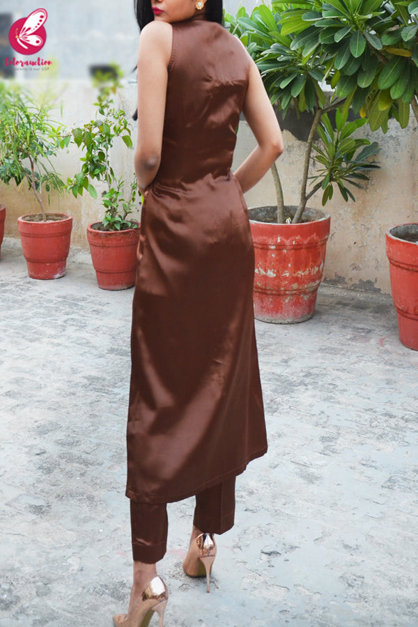 Brown Satin Sleeveless Front Slit Kurti Set