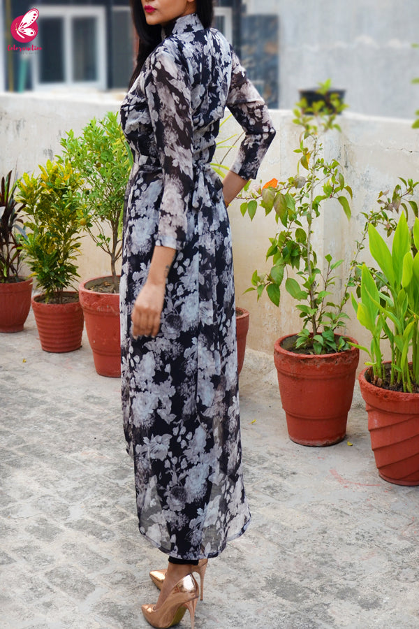 Black &amp; White Printed Floral Georgette Asymmetric Long Kurti