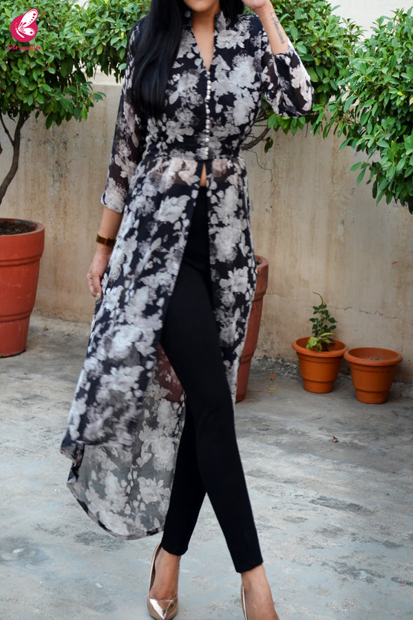 Black &amp; White Printed Floral Georgette Asymmetric Long Kurti