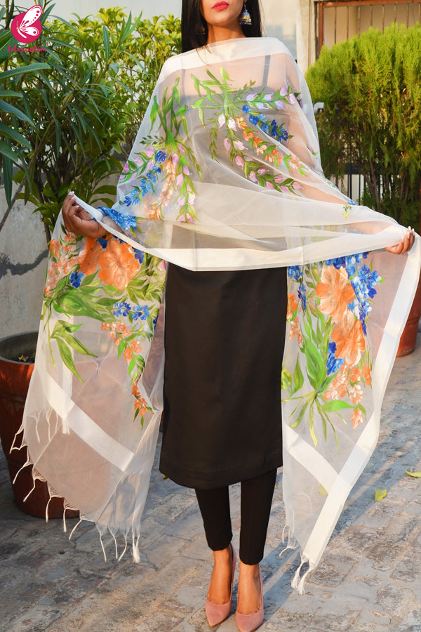 White Organza Hand painted Multicolored Floral Stole