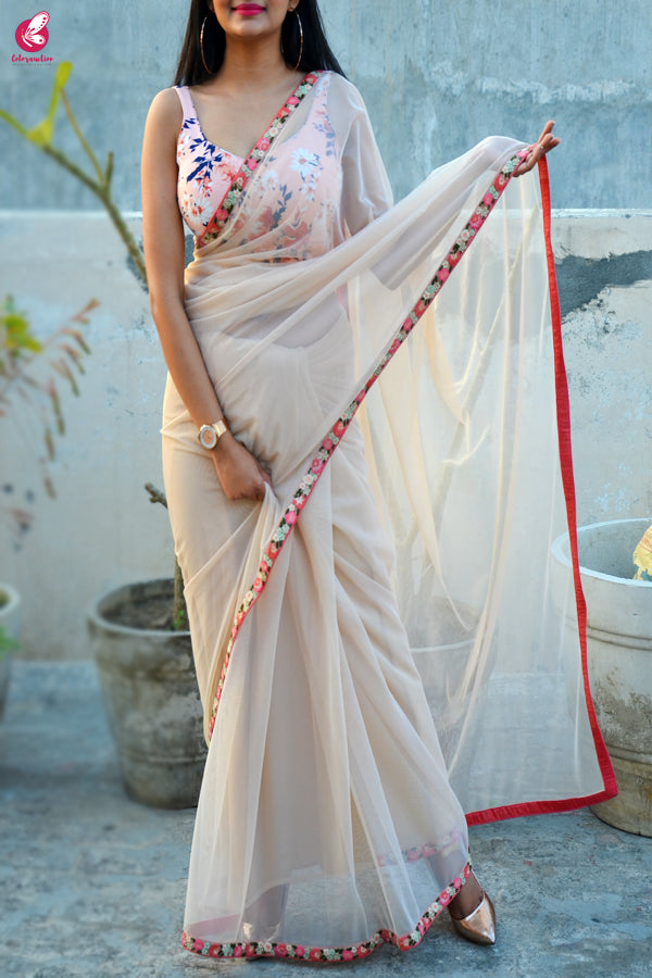 Cream Net Embroidered Border Saree