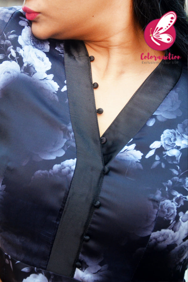 Black Satin Printed Floral Kurti Set