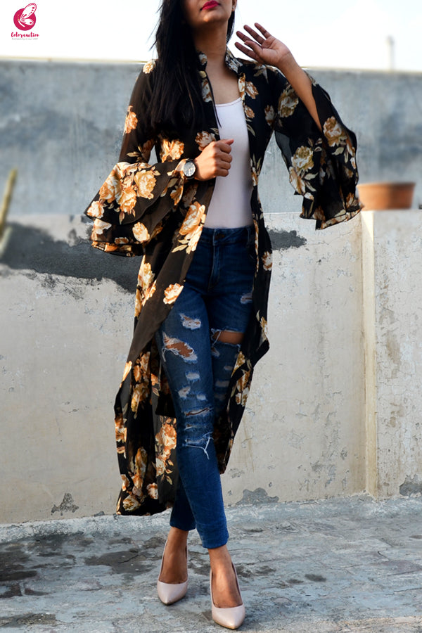 Black Printed Georgette Quarter Sleeves Long Shrug