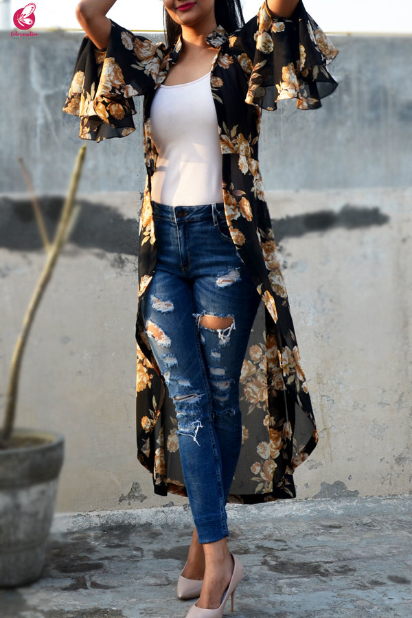 Black Printed Georgette Quarter Sleeves Long Shrug