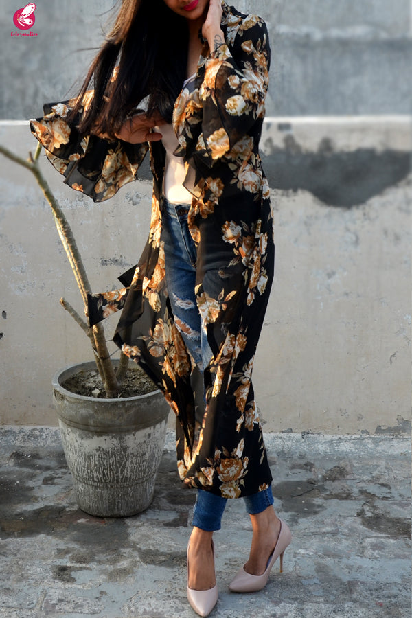 Black Printed Georgette Quarter Sleeves Long Shrug