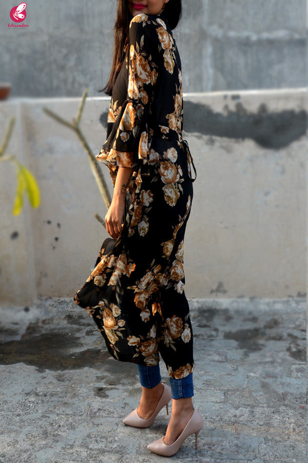 Black Printed Georgette Quarter Sleeves Long Shrug