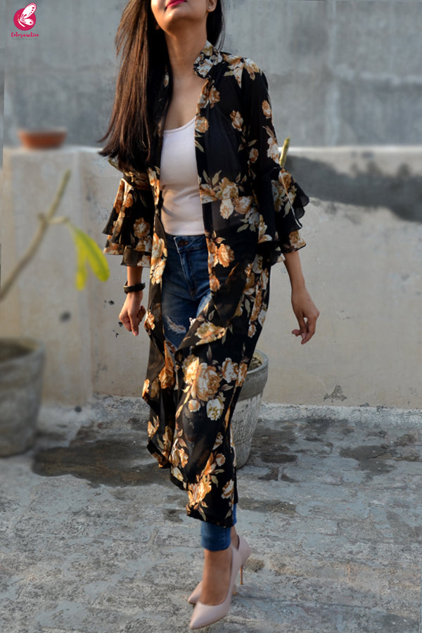 Black Printed Georgette Quarter Sleeves Long Shrug