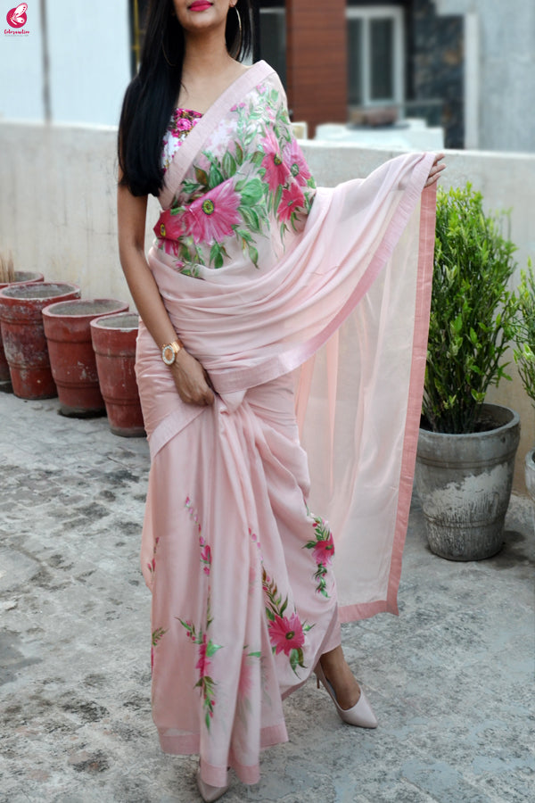 Light Pink Hand-painted Pure Silk Chiffon Saree