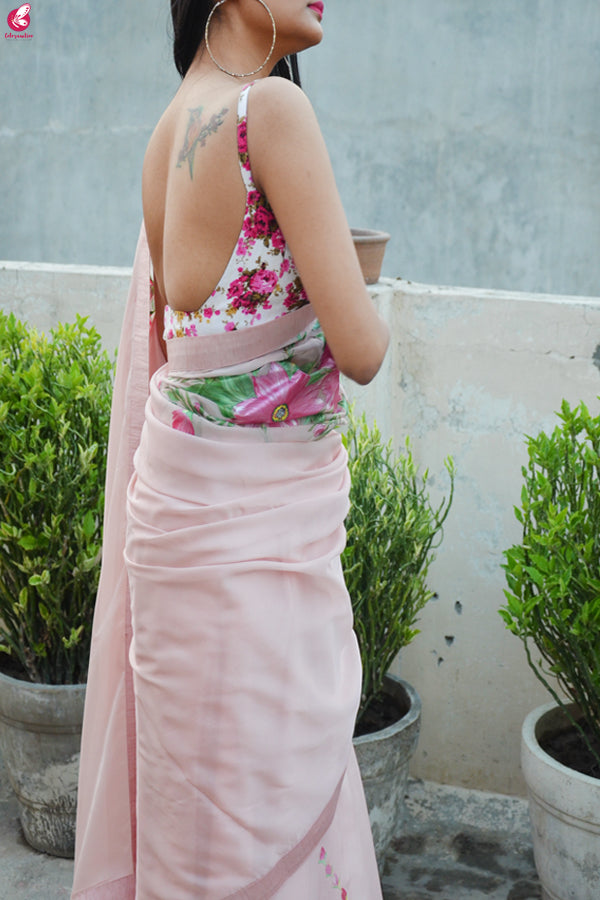 Light Pink Hand-painted Pure Silk Chiffon Saree