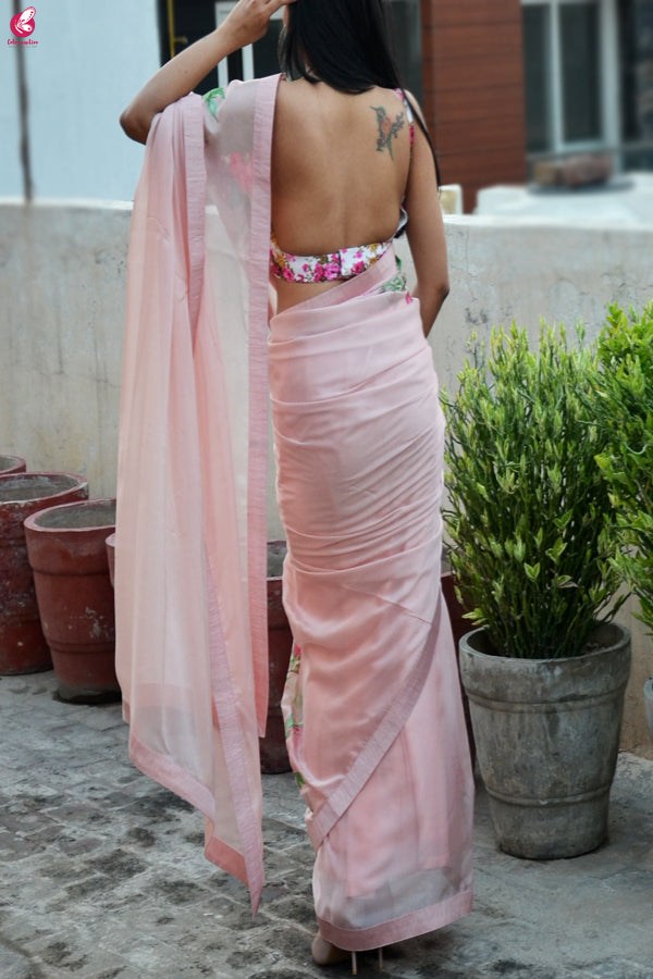 Light Pink Hand-painted Pure Silk Chiffon Saree