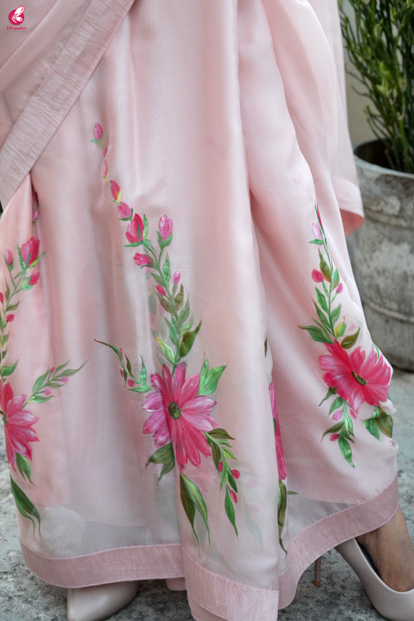 Light Pink Hand-painted Pure Silk Chiffon Saree