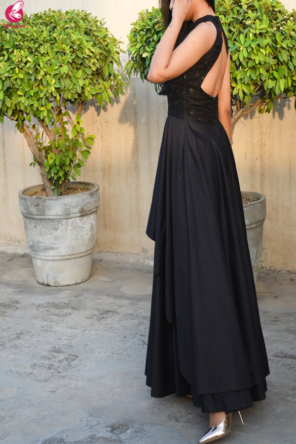 Black Padded Double Flair Embroidered Dress