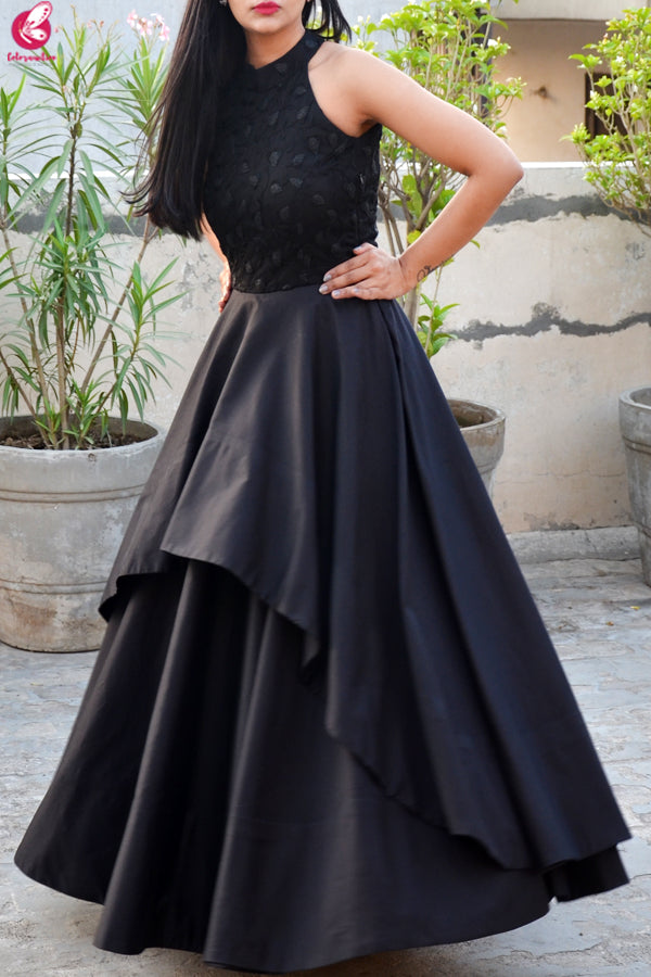 Black Padded Double Flair Embroidered Dress