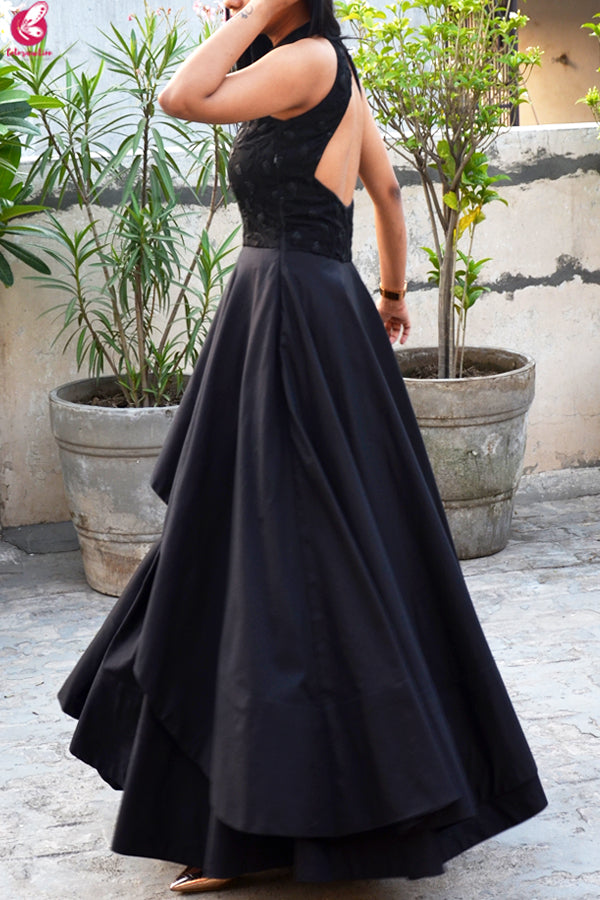 Black Padded Double Flair Embroidered Dress