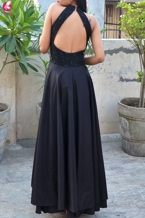 Black Padded Double Flair Embroidered Dress