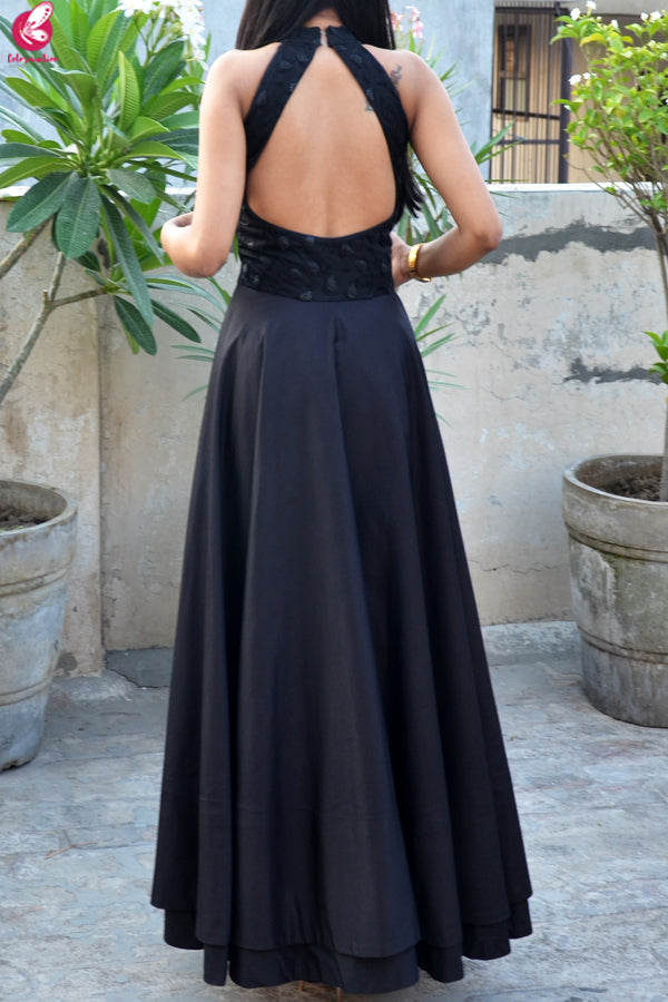 Black Padded Double Flair Embroidered Dress