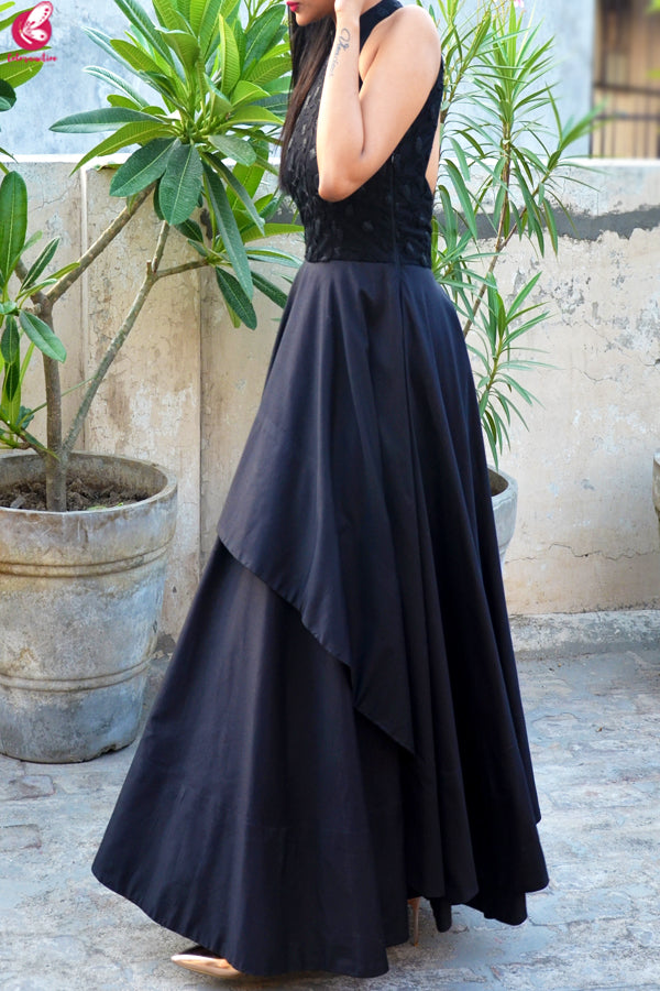 Black Padded Double Flair Embroidered Dress