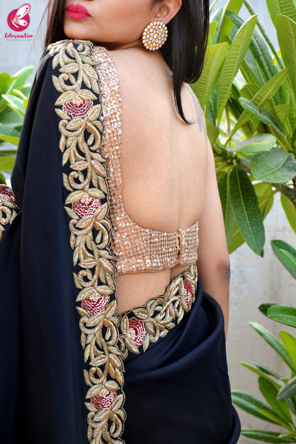 Black Upada Silk Dabka Zardozi Handwork Saree