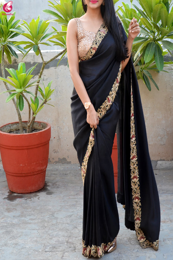 Black Upada Silk Dabka Zardozi Handwork Saree