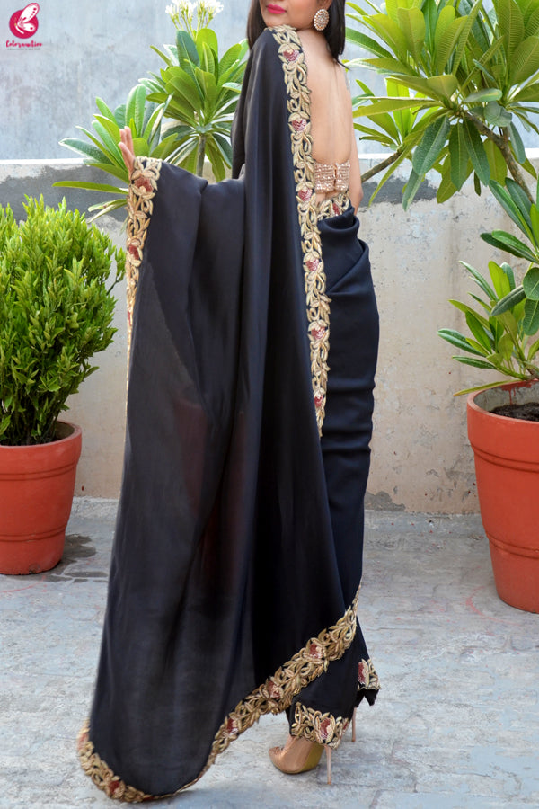 Black Upada Silk Dabka Zardozi Handwork Saree
