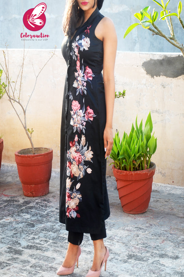 Black Cotton Silk Floral Applique Kurti with Black Cotton Silk Pants