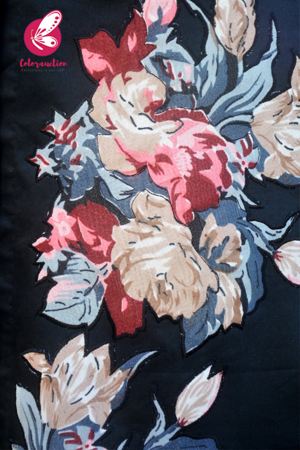 Black Cotton Silk Floral Applique Kurti with Black Cotton Silk Pants