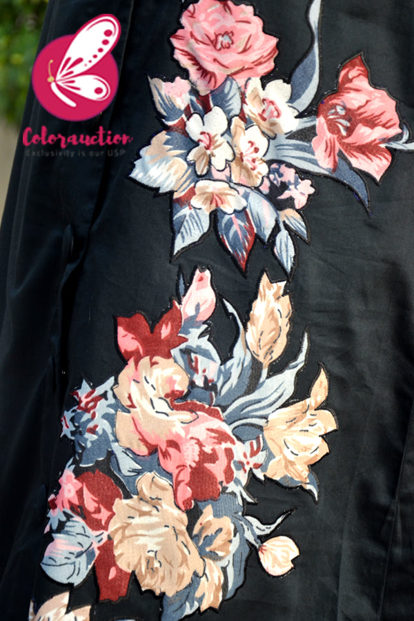 Black Cotton Silk Floral Applique Kurti with Black Cotton Silk Pants