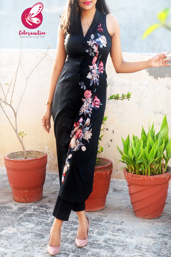 Black Cotton Silk Floral Applique Kurti with Black Cotton Silk Pants