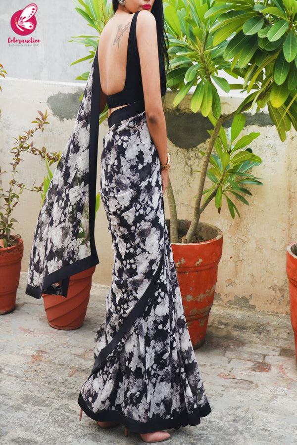 Black &amp; White Printed Georgette Black Satin Taping Saree