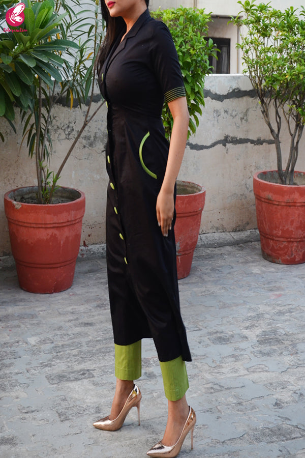 Black &amp; Green Cotton Silk Kurti with Green Stripes Cotton Silk Pants
