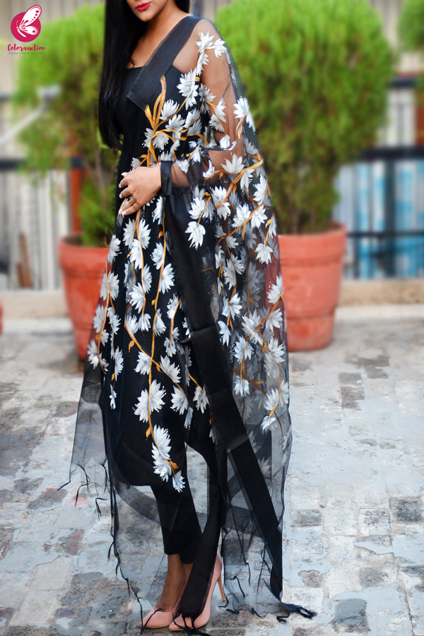 Black Organza Handpainted Floral White Stole
