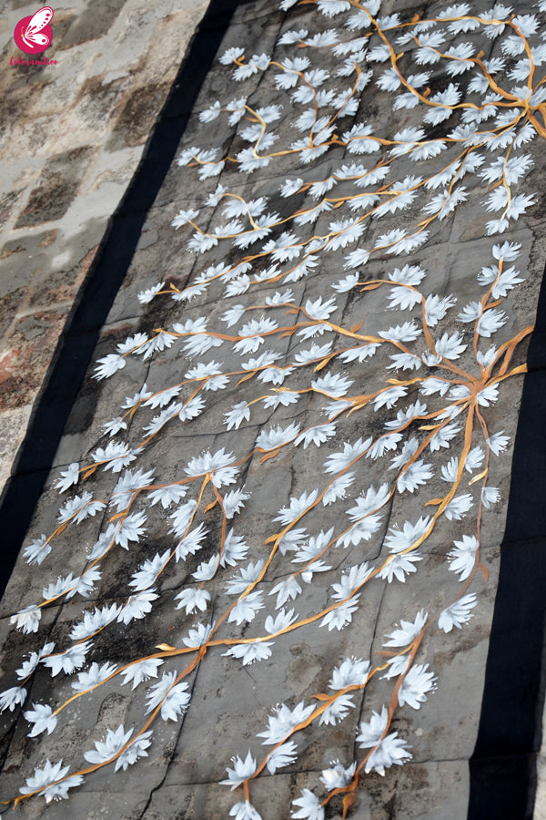 Black Organza Handpainted Floral White Stole
