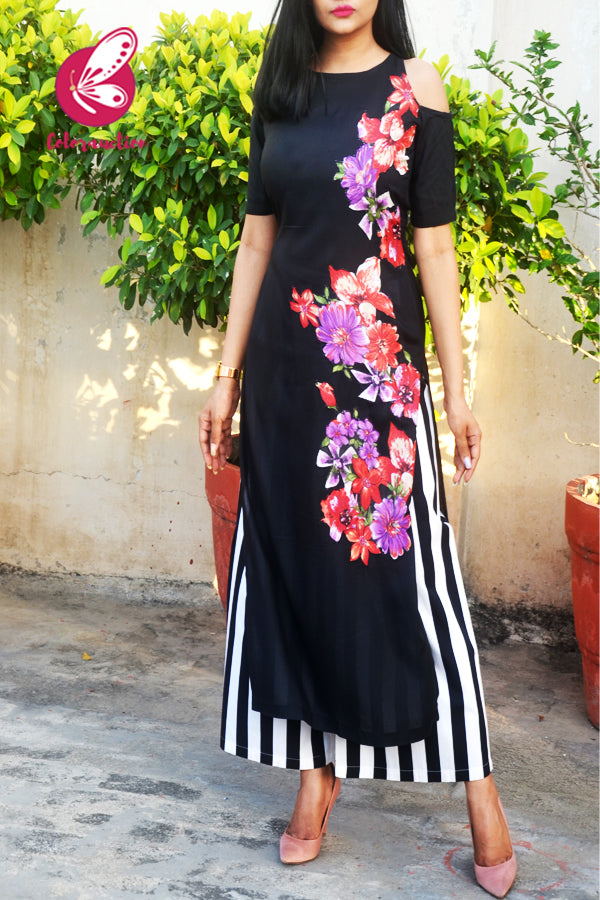 Black Modal Rayon Patched Straight Kurti