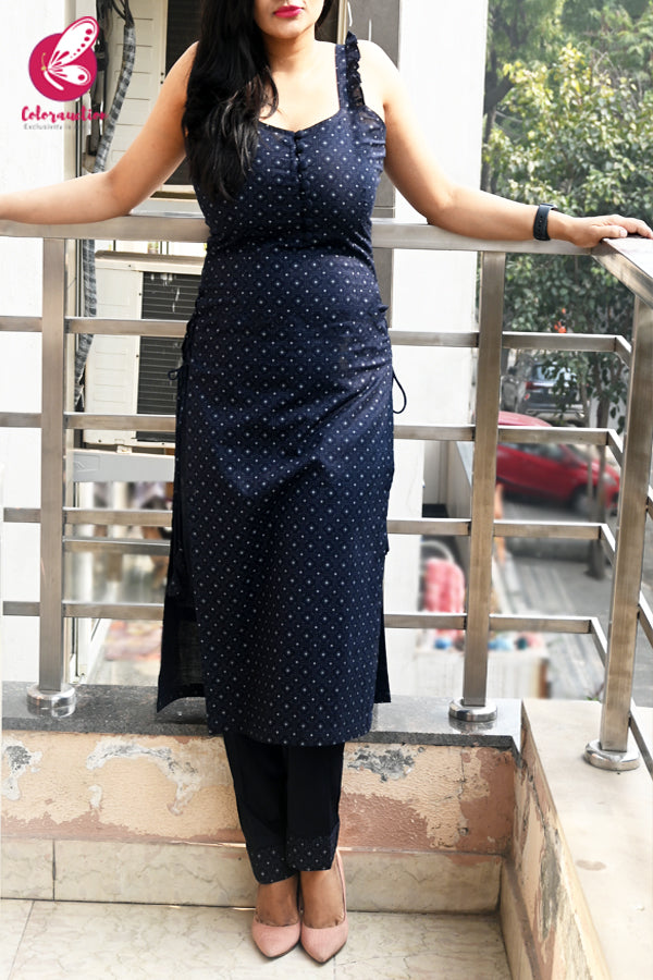 Black Printed Sleeveless Cotton Silk Kurti with Black Cotton Silk Pants Kurti Set