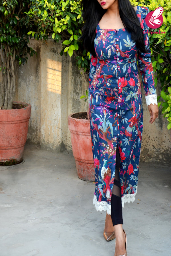 Blue Printed Cotton Front Slit Kurti