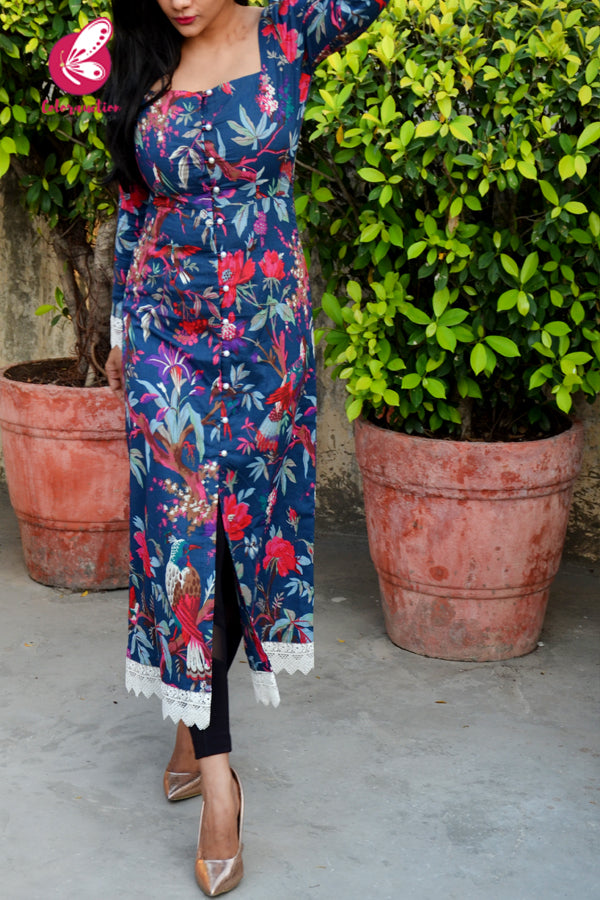 Blue Printed Cotton Front Slit Kurti
