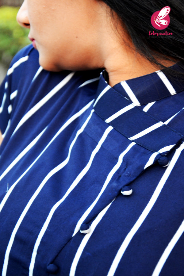 Navy Blue Stripes Front Slit Kurti with White Cotton Silk Pants