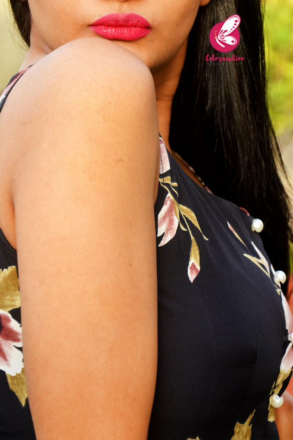 Black Floral Printed Crepe  Sleeveless Front Slit Kurti