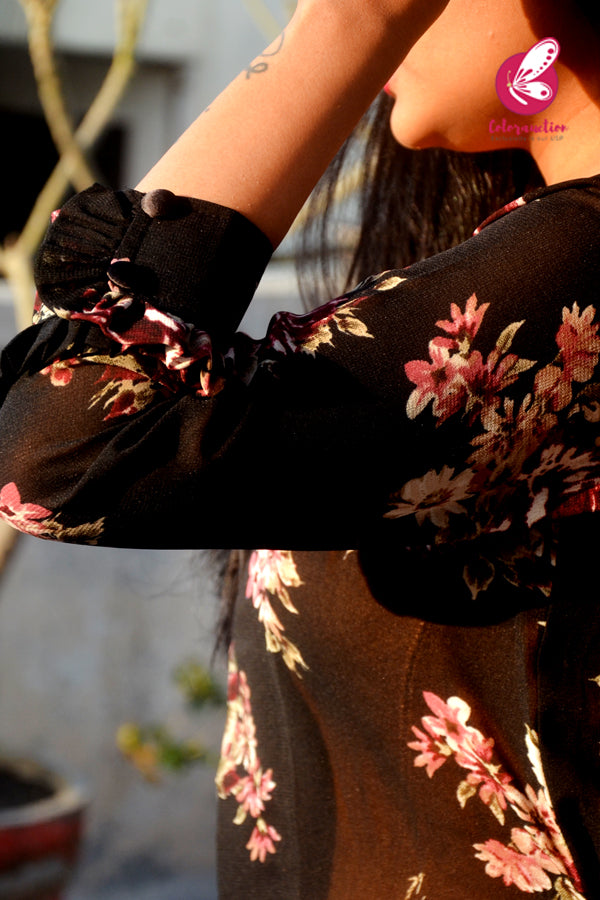 Black Georgette Printed Quarter Sleeves Long Shrug