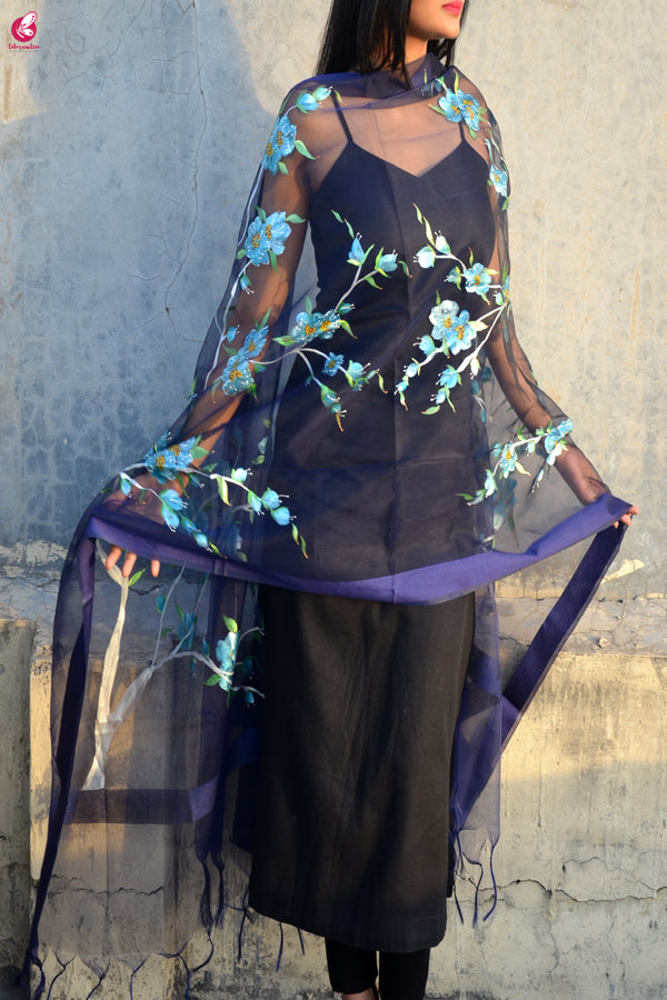 Purple Organza Floral Hand painted Stole