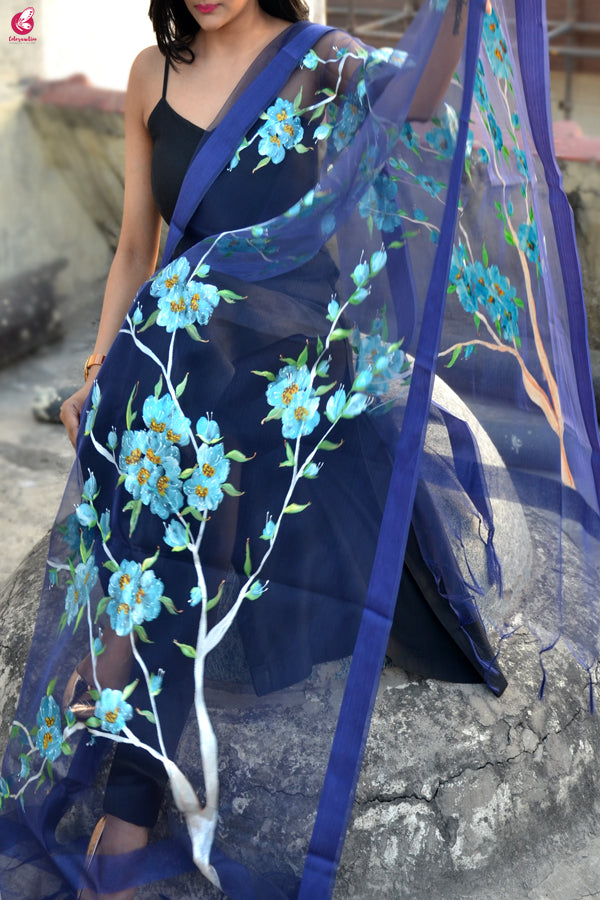 Purple Organza Floral Hand painted Stole
