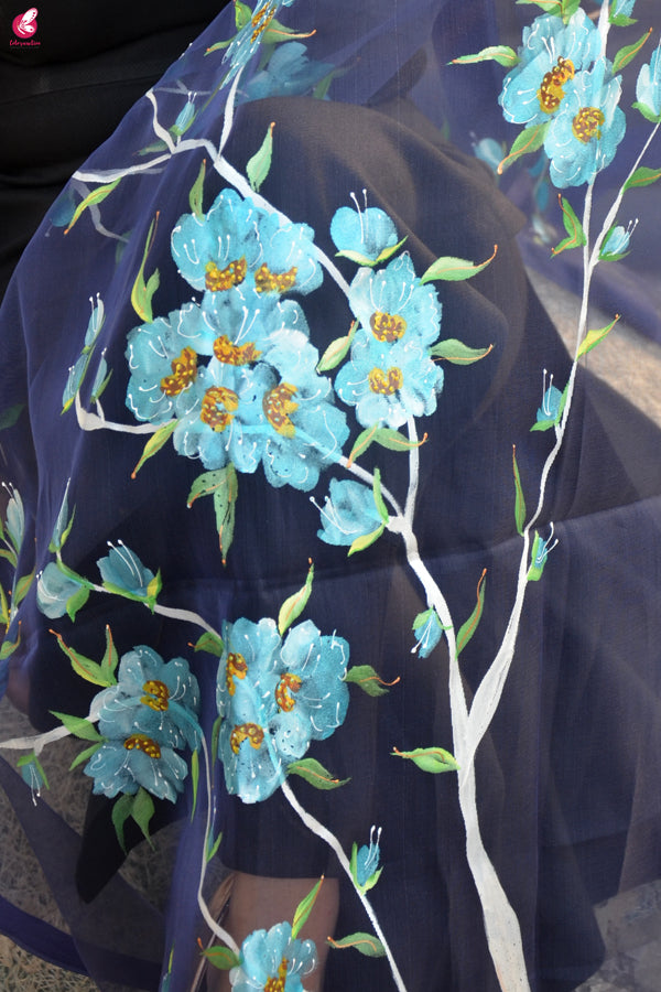 Purple Organza Floral Hand painted Stole