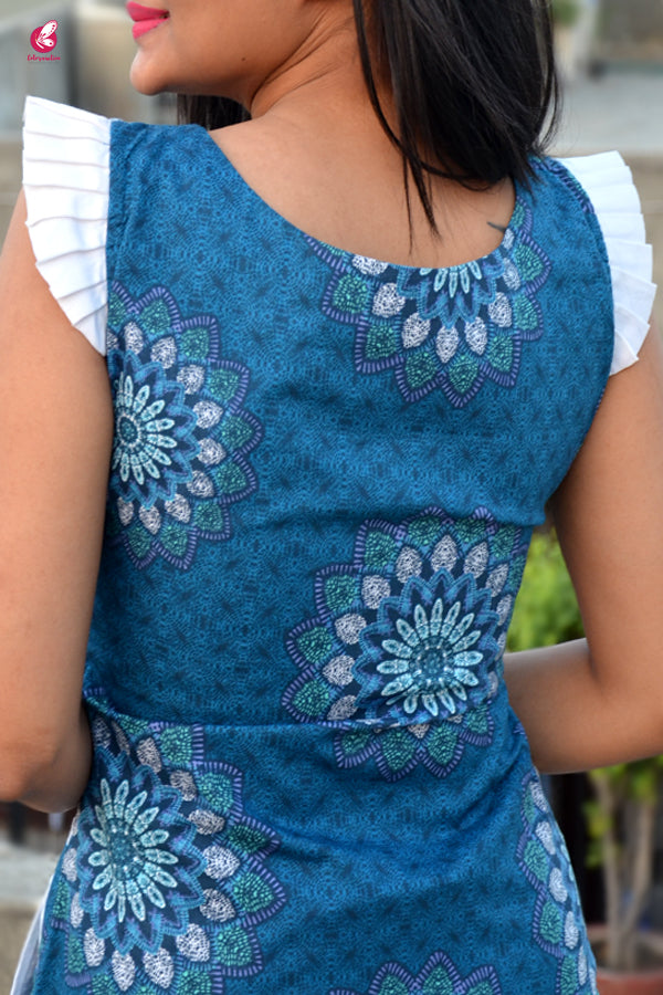 Blue Cotton Printed Straight Kurti