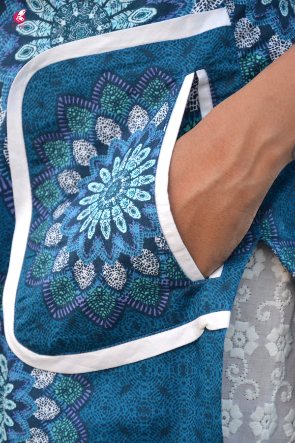 Blue Cotton Printed Straight Kurti