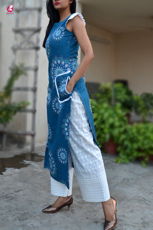 Blue Cotton Printed Straight Kurti