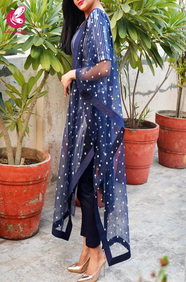 Navy Blue and Silver Padded Pure Crepe Kurti with Blue Cotton Silk Pants and Blue Net Mirror Work Net Stole